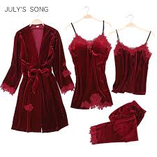 JULY'S SONG 2019 Gold Velvet 4 Pieces Warm Winter Pajamas Sets Women Sexy Lace Robe Pajamas Sleepwear Kit Sleeveless Nightwear