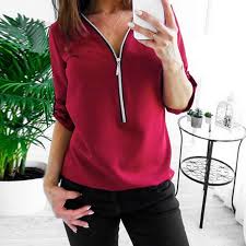 Autumn Zipper Short Sleeve Women Shirts Sexy V Neck Solid Women Top Blouses Casual Tee Shirt Tops Female Plus Sizes