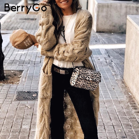 BerryGo Vintage mohair long cardigan women sweaters female Long sleeve pocket winter cardigans Casual knitwear pure jumpers