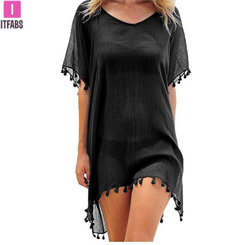 2019 New Chiffon Tassels Beach Wear Women Swimsuit Cover Up Swimwear Bathing Suits Summer Mini Dress Loose Solid Pareo Cover Ups