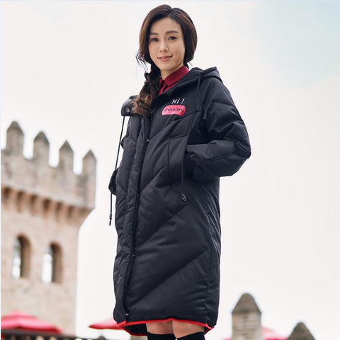 INMAN Hooded Printing Leisure Ladies Female Girl Winter Long Duck Down Leather Warm Coat Women Jackets Fashion Overcoat