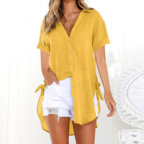 2019 Women Button Solid Bikini Cover Up Summer Beach Dress Cotton Ladies Casual Kaftan Beach Tunic T-Shirt Blouse Pareos Cape