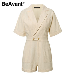 BeAvant Solid Beige Women Short jumpsuit romper High Waist Casual Playsuit Cotton Female Spring summer V Neck Sexy overalls 2020