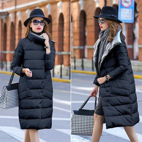 Double Sided Women's Down Jacket Long Winter Turtleneck White Duck Down Coat Female Double Breasted Plus size Warm Plaid Parkas