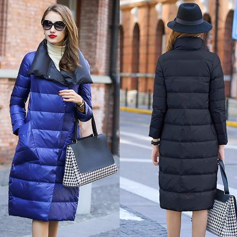 Double Sided Women's Down Jacket Long Winter Turtleneck White Duck Down Coat Female Double Breasted Plus size Warm Plaid Parkas