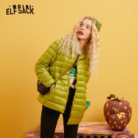 ELFSACK Ultra Light 80% White Duck Down Coat Women Solid Color Short Thin Jacket Autumn Winter 2019 Warm Slim Outwear Clothing