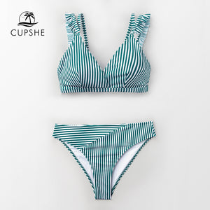 CUPSHE Cyan And White Stripe Double Straps Ruffle Bikini Sets Women Sweet Two Pieces Swimsuits 2020 Girl Beach Bathing Suits