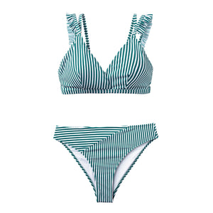 CUPSHE Cyan And White Stripe Double Straps Ruffle Bikini Sets Women Sweet Two Pieces Swimsuits 2020 Girl Beach Bathing Suits