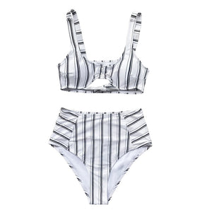 CUPSHE Boho Navy And White Vertical Stripe High-Waist Bikini Sets 2020 Women Cutout Two Pieces Swimsuits