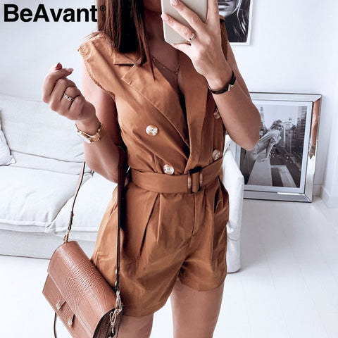 BeAvant Office ladies rompers womens jumpsuit Female summer short cotton playsuit overalls V-neck buttons combinaison femme