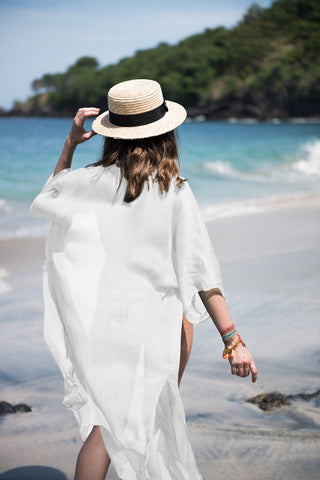 Hirigin Beach Dress 2019 Summer Pure Color Long Sleeve Women Bikini Cover Up Beach Long Dress Kaftan Beachwear Swimwear