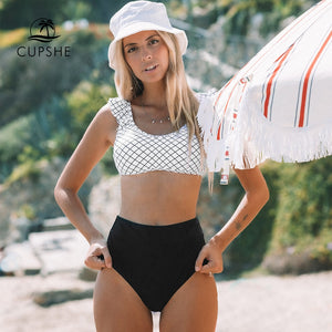 CUPSHE Black and White Windowpane Plaid High-waisted Bikini Sets Sexy Swimsuit Two Pieces Swimwear Women 2020 Beach Bathing Suit