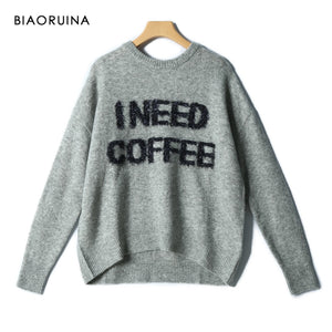 BIAORUINA Women's Casual Lurex Letter Chic O-neck Knitted Sweater Autumn Loose All-match Fashion Grey Pullovers