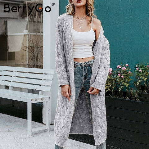 BerryGo Vintage mohair long cardigan women sweaters female Long sleeve pocket winter cardigans Casual knitwear pure jumpers