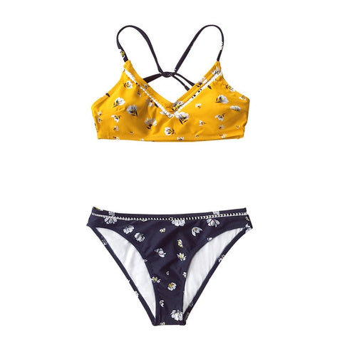 CUPSHE Yellow and Black Floral Bikini Sets Sexy V-neck Padded Swimsuit Two Pieces Swimwear Women 2020 Beach Bathing Suit