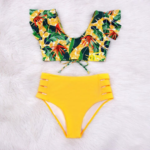 High Waist Bikini Set Swimwear Women Swimsuit Sexy Push Up Biquini Ruffle Bikinis Floral Printed Feminino 2020 Bathing Suit