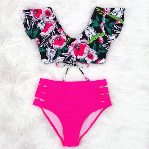 High Waist Bikini Set Swimwear Women Swimsuit Sexy Push Up Biquini Ruffle Bikinis Floral Printed Feminino 2020 Bathing Suit