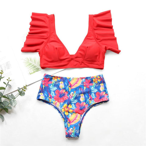 High Waist Bikini Set Swimwear Women Swimsuit Sexy Push Up Biquini Ruffle Bikinis Floral Printed Feminino 2020 Bathing Suit