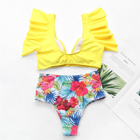 High Waist Bikini Set Swimwear Women Swimsuit Sexy Push Up Biquini Ruffle Bikinis Floral Printed Feminino 2020 Bathing Suit