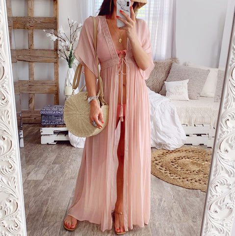 2019 Summer Solid Lace Beach Cover Up Long Cardigan Lace Up Swimwear Beach Dress Kaftan Beach Wear Swimsuit Pareo Saida De Praia