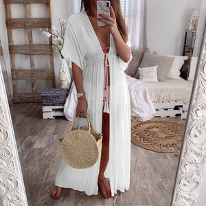 2019 Summer Solid Lace Beach Cover Up Long Cardigan Lace Up Swimwear Beach Dress Kaftan Beach Wear Swimsuit Pareo Saida De Praia