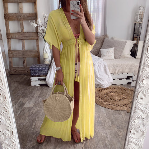 2019 Summer Solid Lace Beach Cover Up Long Cardigan Lace Up Swimwear Beach Dress Kaftan Beach Wear Swimsuit Pareo Saida De Praia