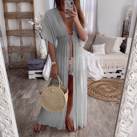 2019 Summer Solid Lace Beach Cover Up Long Cardigan Lace Up Swimwear Beach Dress Kaftan Beach Wear Swimsuit Pareo Saida De Praia