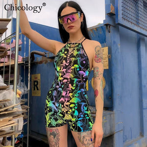 Chicology backless mushroom print playsuit 2019 summer women sexy streetwear Gothic rompers female club shorts jumpsuit clothes