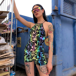 Chicology backless mushroom print playsuit 2019 summer women sexy streetwear Gothic rompers female club shorts jumpsuit clothes