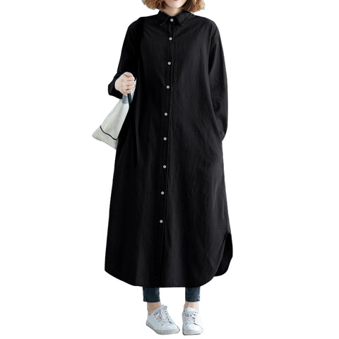 2019 ZANZEA Women Long Shirts Dress Office Lady Work Dresses Casual Solid Lapel Vestidos Cotton Tunic Shirt Robe Femme Dresses