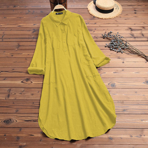 2019 ZANZEA Women Long Shirts Dress Office Lady Work Dresses Casual Solid Lapel Vestidos Cotton Tunic Shirt Robe Femme Dresses