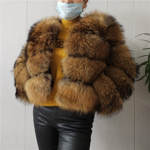 BEIZIRUReal Fur Natural Raccoon Fur silver fox fur winter women Coat Detachable sleeve height 50 cm sleeve 55cm