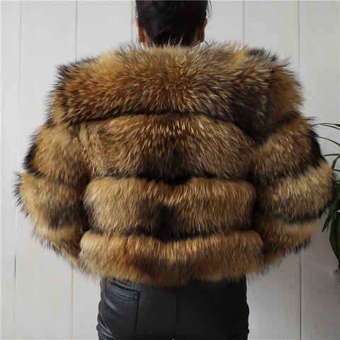 BEIZIRUReal Fur Natural Raccoon Fur silver fox fur winter women Coat Detachable sleeve height 50 cm sleeve 55cm