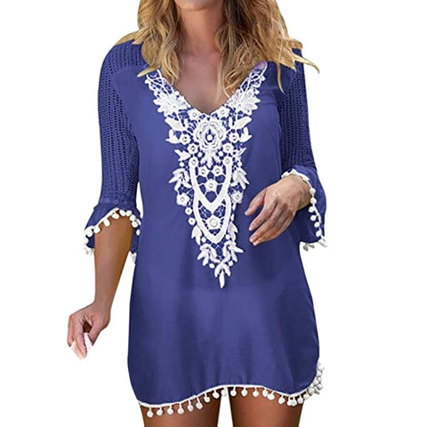 2019 Summer Swimwear Lace Patchwork Hollow Beach Dress Women Pom Pom Trim Tassel Beach Cover Up Beach Wear Saida De Praia Pareos