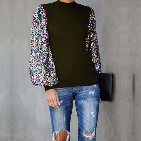 Women Sweater Pullovers Half Turtleneck Long Puff Sleeve Sequined Jumpers Patchwork Slim Sweater Vintage Women Autumn Sweater