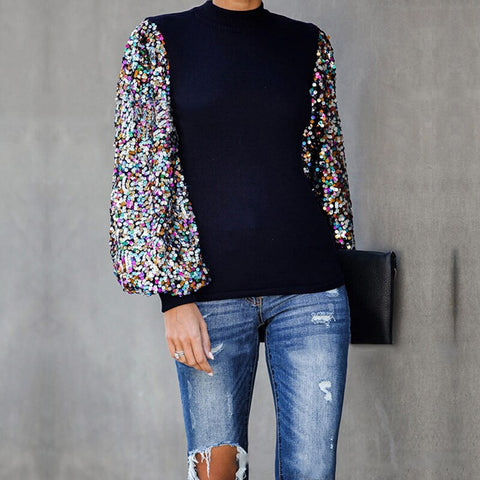 Women Sweater Pullovers Half Turtleneck Long Puff Sleeve Sequined Jumpers Patchwork Slim Sweater Vintage Women Autumn Sweater