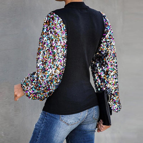 Women Sweater Pullovers Half Turtleneck Long Puff Sleeve Sequined Jumpers Patchwork Slim Sweater Vintage Women Autumn Sweater