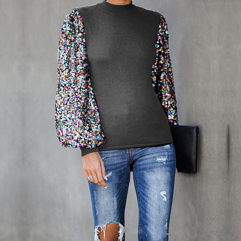 Women Sweater Pullovers Half Turtleneck Long Puff Sleeve Sequined Jumpers Patchwork Slim Sweater Vintage Women Autumn Sweater