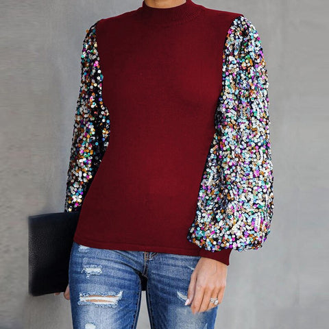 Women Sweater Pullovers Half Turtleneck Long Puff Sleeve Sequined Jumpers Patchwork Slim Sweater Vintage Women Autumn Sweater