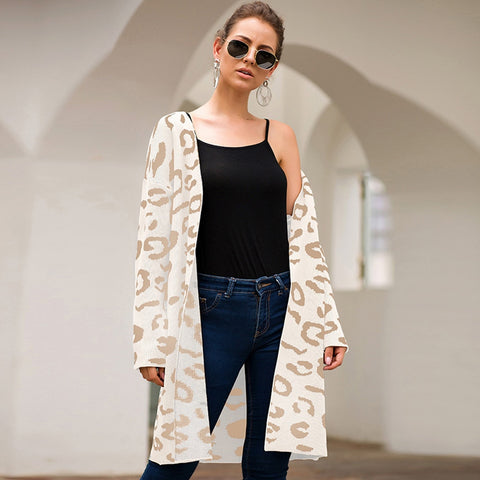 2020 Fashion New Women's Autumn Knit Coat Thick Warm Leopard Print Pocket Long Cardigan Long Sleeve Loose Overcoat