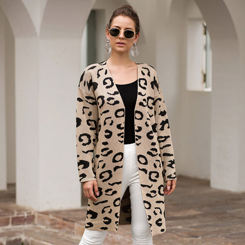 2020 Fashion New Women's Autumn Knit Coat Thick Warm Leopard Print Pocket Long Cardigan Long Sleeve Loose Overcoat