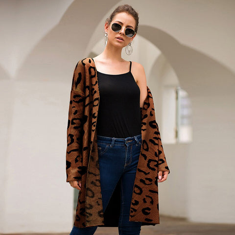 2020 Fashion New Women's Autumn Knit Coat Thick Warm Leopard Print Pocket Long Cardigan Long Sleeve Loose Overcoat