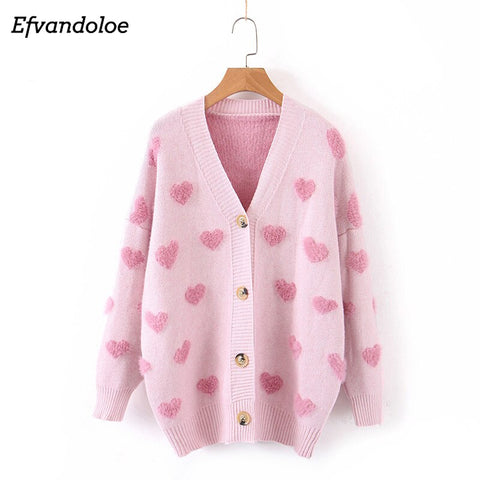 Efvandoloe Autumn Women Sweater 2019 Cardigans Heart decoration V Neck kardigan Pull Sweter